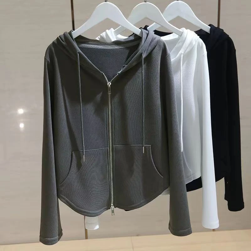 

Hoodies Women Slim High Street Spring Harajuku Fashion Hooded All-match Simple Long Sleeve Soft Leisure Female Ins Zip-up Design