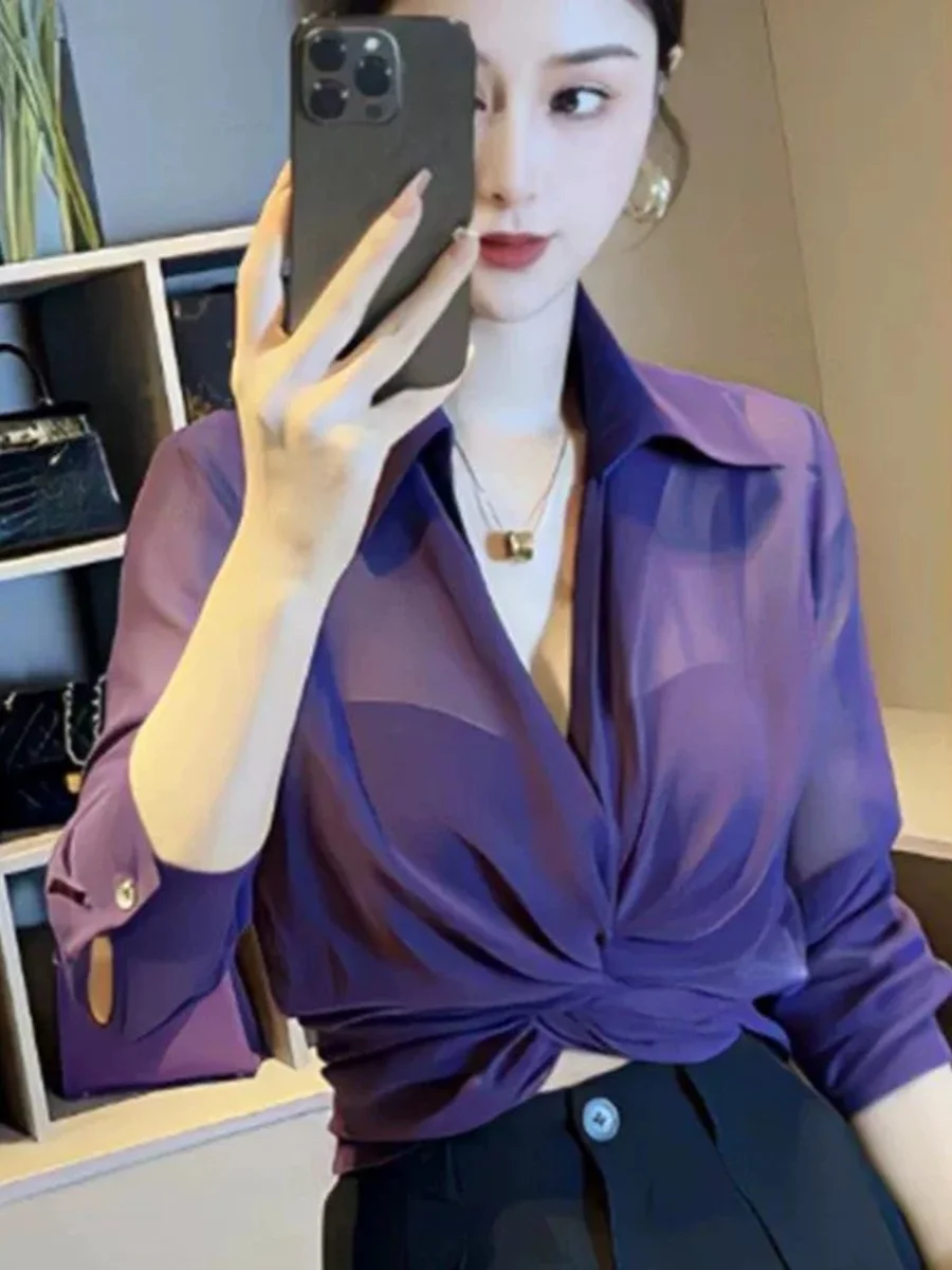 

Sexy American High-End Unique Design See-tough Long Sve Unbuttoned Cross Tie Women's Chiffon irt Ele Lady Commute ...