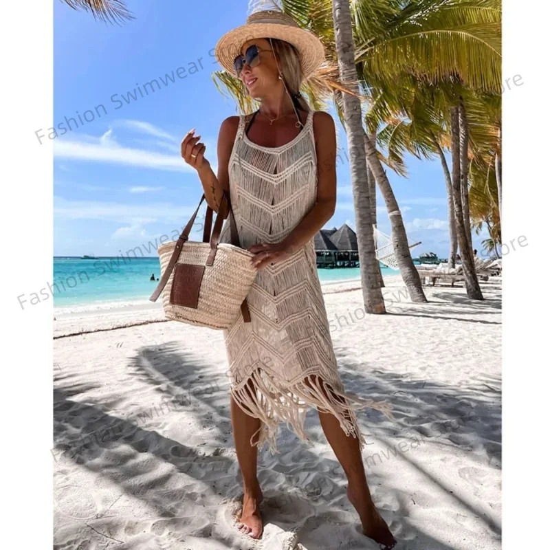 

2025 White Crochet Tunic Bikini Cover-ups Sexy Hollow Out Dress Women Summer Clothes See Through Beach Wear Tassel Cover Up
