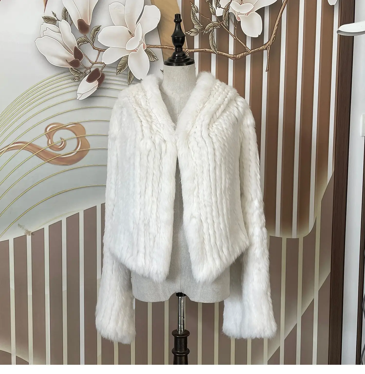 Long Sleeve Casual Loose Knitted Real Rabbit Fur Hooded Coat Women Genuine Natural Rabbit Fur Outwear Female Fur Jacket