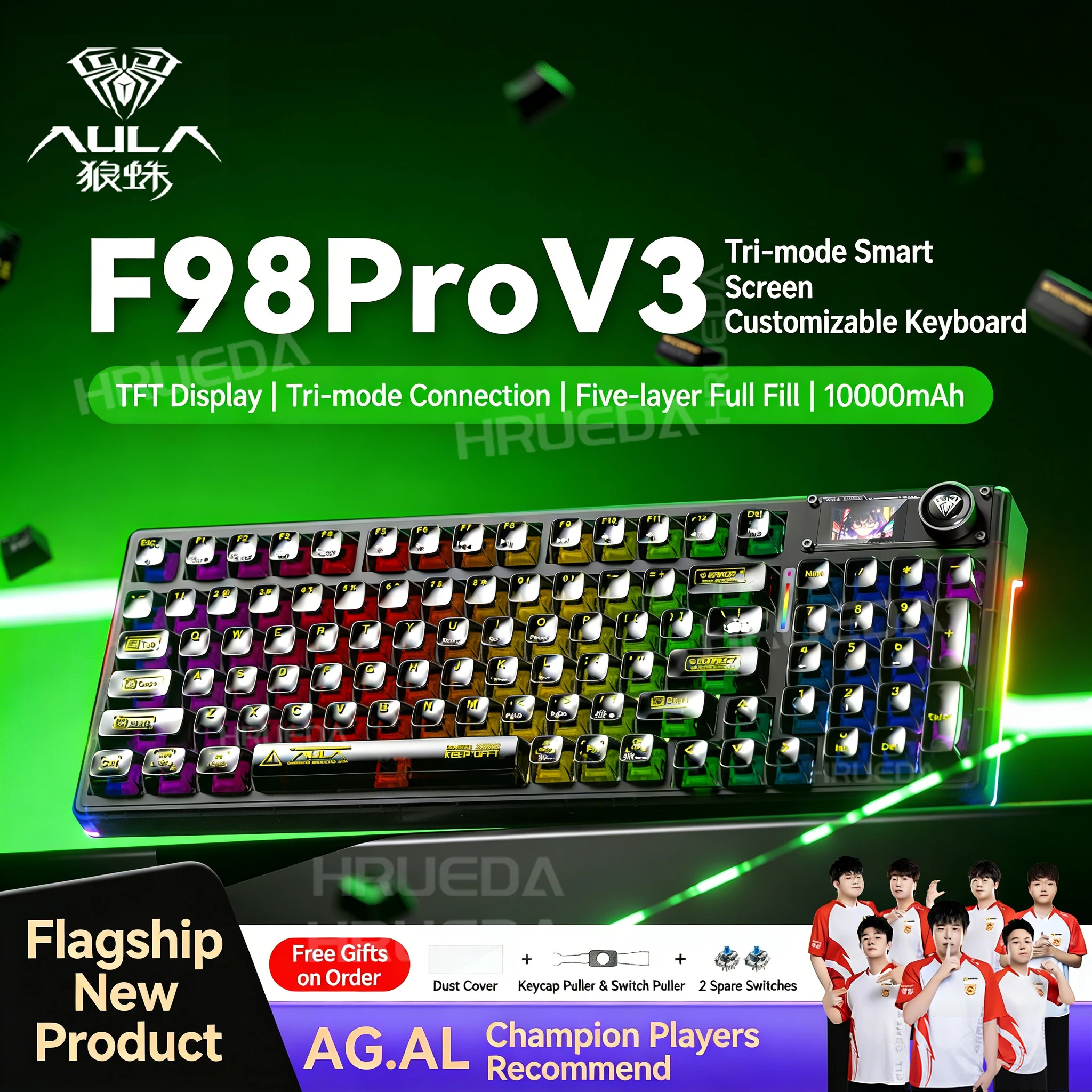 AULA F98 Pro V3 Mechanical Keyboard Tri-Mode Hot Swap 98% Layout Gasket Mount RGB Backlit Gaming Keyboard with Screen for Laptop