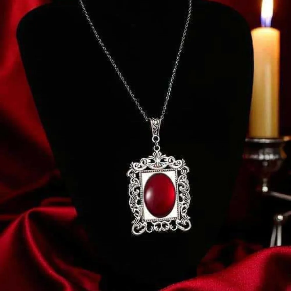 Gothic Victorian Silver‑Tone Hollow Ornate Frame Red Oval Quartz Crystal Gem Pendant Necklace for Women Dark Aesthetic Jewelry