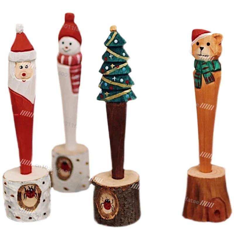 Cute Snowman Santa Solid Wood Carving Neutral Pen Pen Stationery Ornament Christmas Gift
