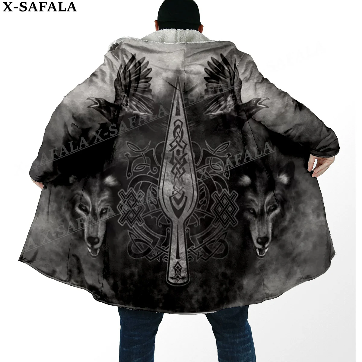 Viking Tattoo Symbol 3D Print Thick Warm Hooded Cloak Men Overcoat Coat Windproof Fleece Cape Robe Hooded Blanket-10