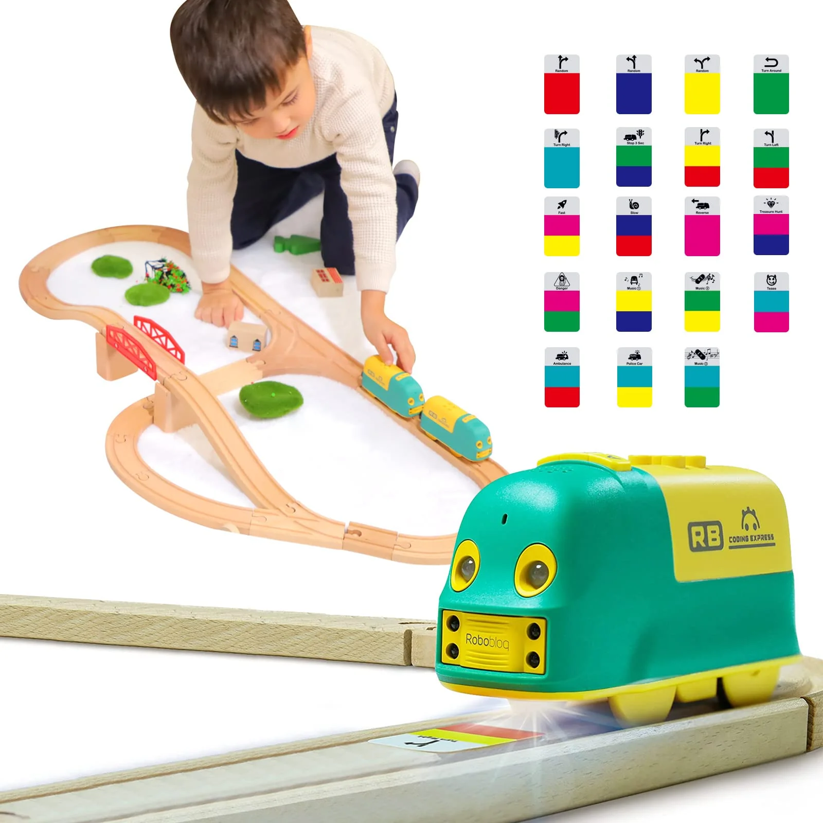 Robobloq Wooden Train Sets, Smart Train Toy for Preschool Kids, 19 Color Stickers Sensing, 3 Game Modes, High Compatiblility