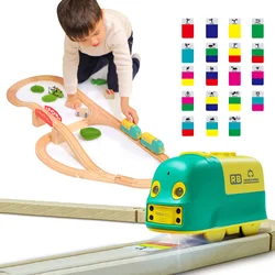 Robobloq Wooden Train Sets, Smart Train Toy for Preschool Kids, 19 Color Stickers Sensing, 3 Game Modes, High Compatiblility