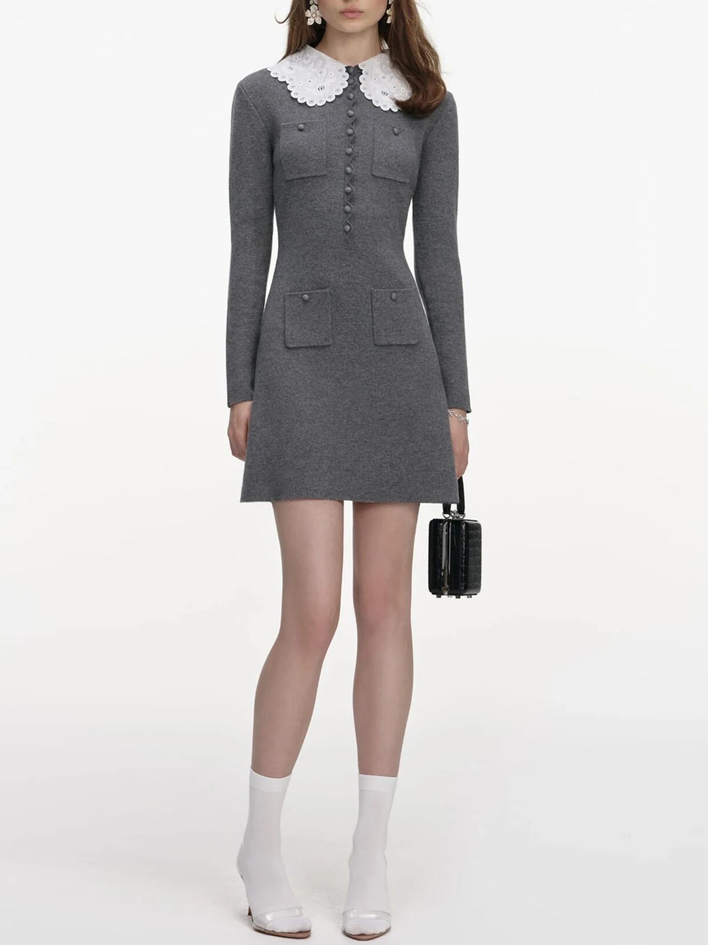 

Ele Embroidered Doll Collar Knitted Dr High Waist A-Line Silhouette Long Sve Button Closure Commute Sle Autumn Wi...
