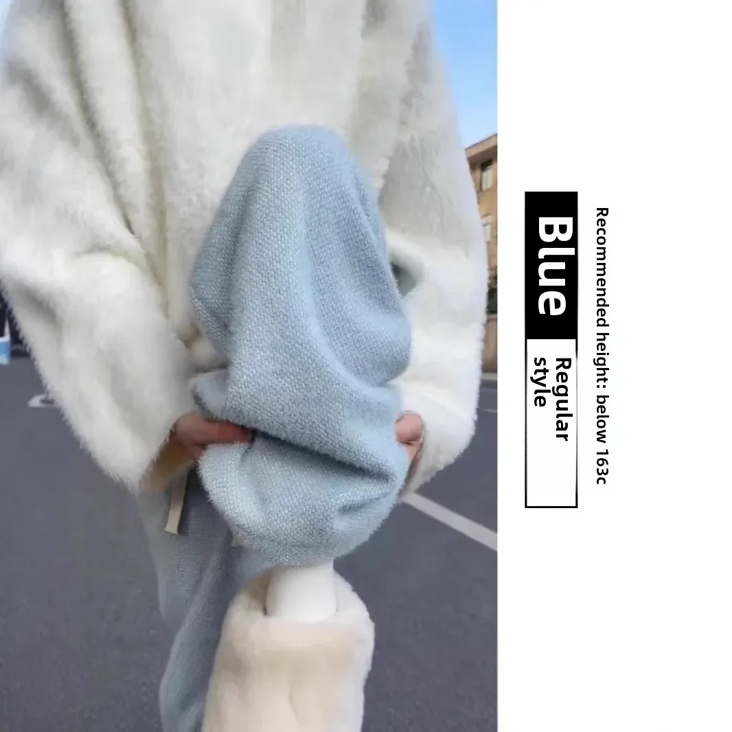 المرأة الخريف/الشتاء سميكة لينة ومرنة أفخم تريكو قيعان ثنيات عادية مستقيم الساق بنطلون الطابق طول السراويل