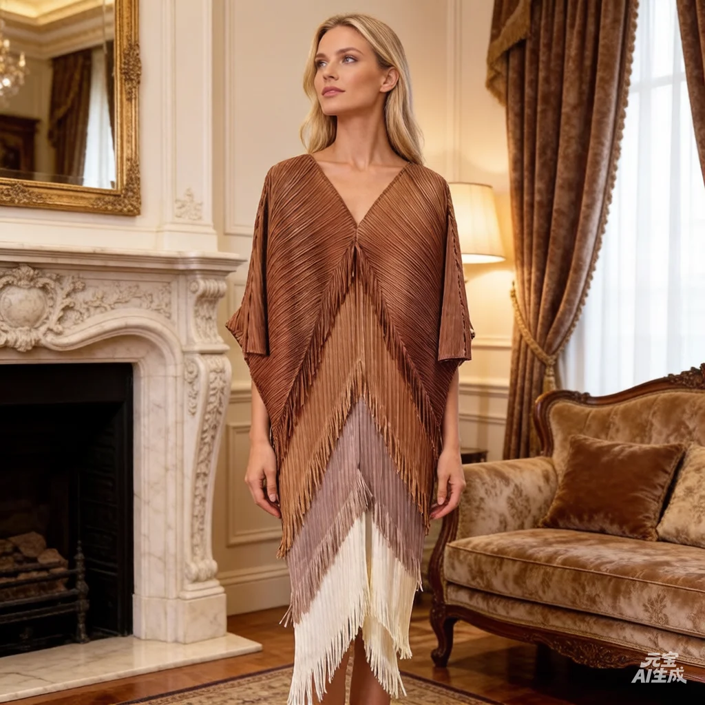 

Miyake Pleated High-End Fashion Patchwork Fringe Pleated Asymmetric Dress for Women Spring Batwing Sleeve Casual Maxi Dress