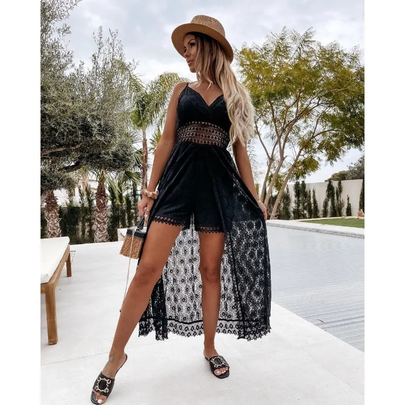 Summer 2025 Women Lace Playsuit Dress Sleeveless V Neck Hollow Out Irregular Midi Dress Sexy Elegant Casual Bohemian Dresses