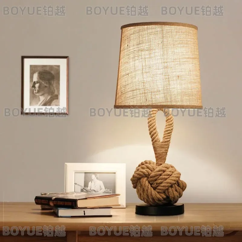 Vintage Hemp Rope Desk Lamp Italian Style Bedside Light for Bedroom Wine Bar American Decorative Art Table Lighting Fixture