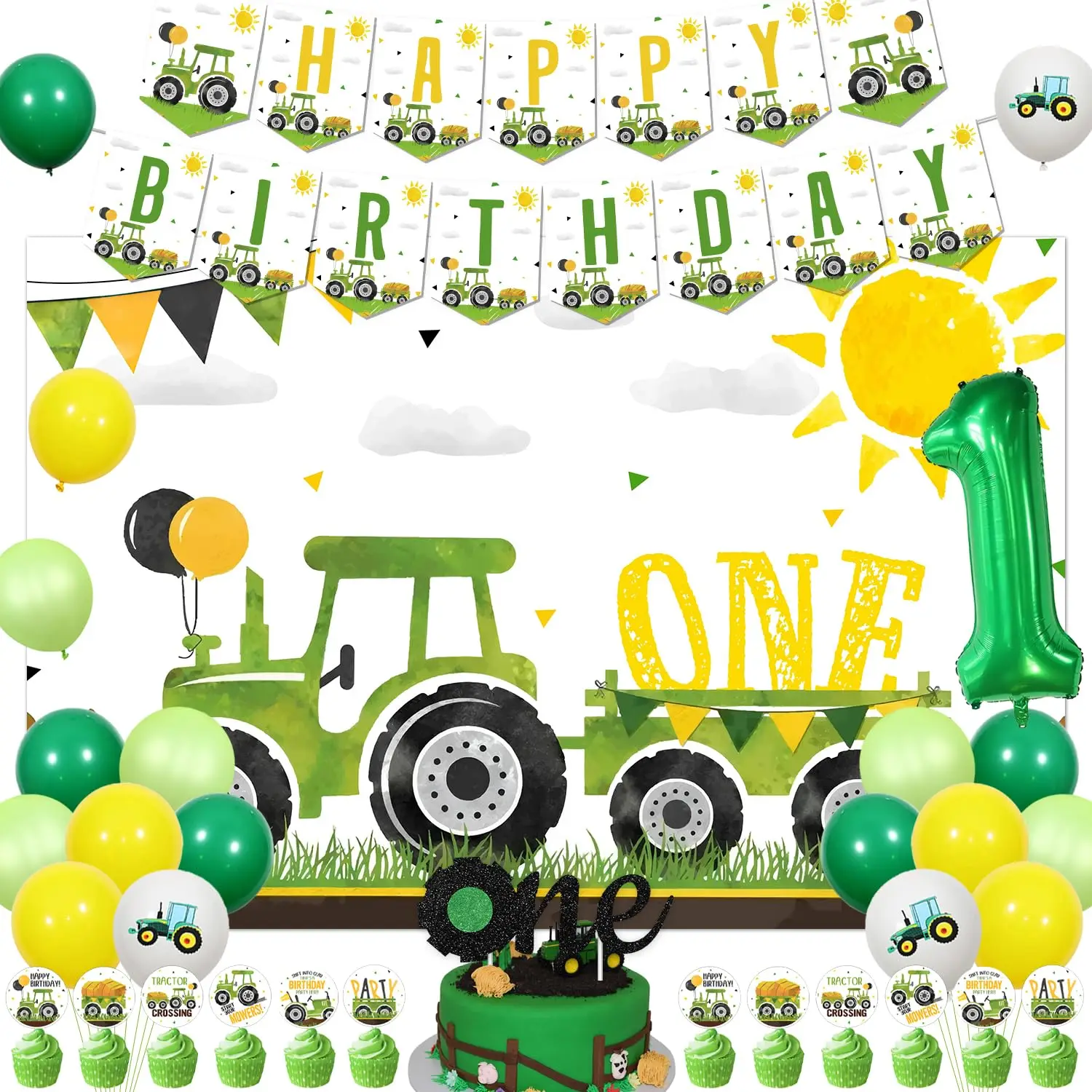 

Kreat4joy Tractor 1st Birthday Decorations Green One Banner Backdrop Cake Toppers