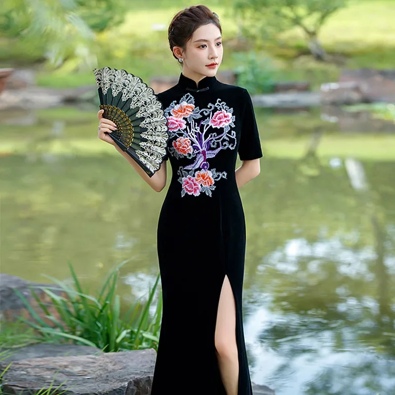 

Black Applique Improved Performance Long Velour Cheongsam Retro Slimming Fashion Mermaid High Slit Dress Elegant Qipao