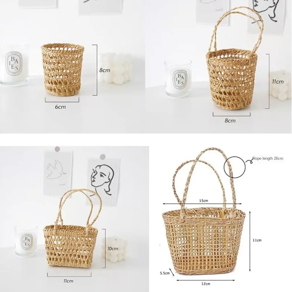 New Handmade Straw Woven Basket with Handle Ornaments Storage Basket Picnic Props Small Flower Basket