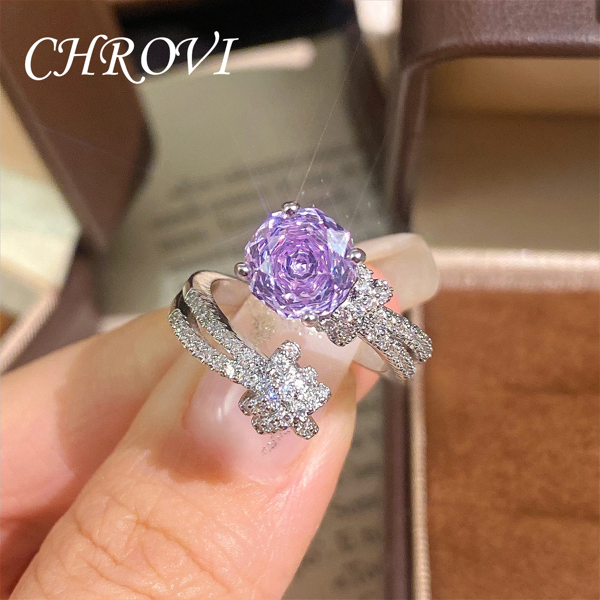 Women's Elegant 925 Sterling Silver Octagonal Rose Ring with Diamond