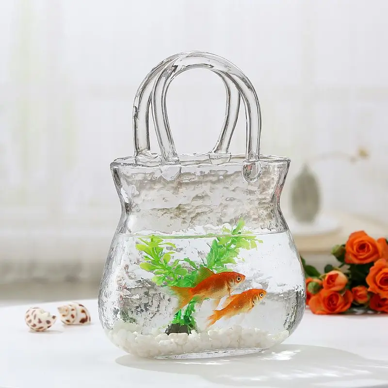 Handbag Shape Flower Vase Fish Tank Transparent Glass Hydroponic Plant Container for Home Office Decor Small Goldfish Container