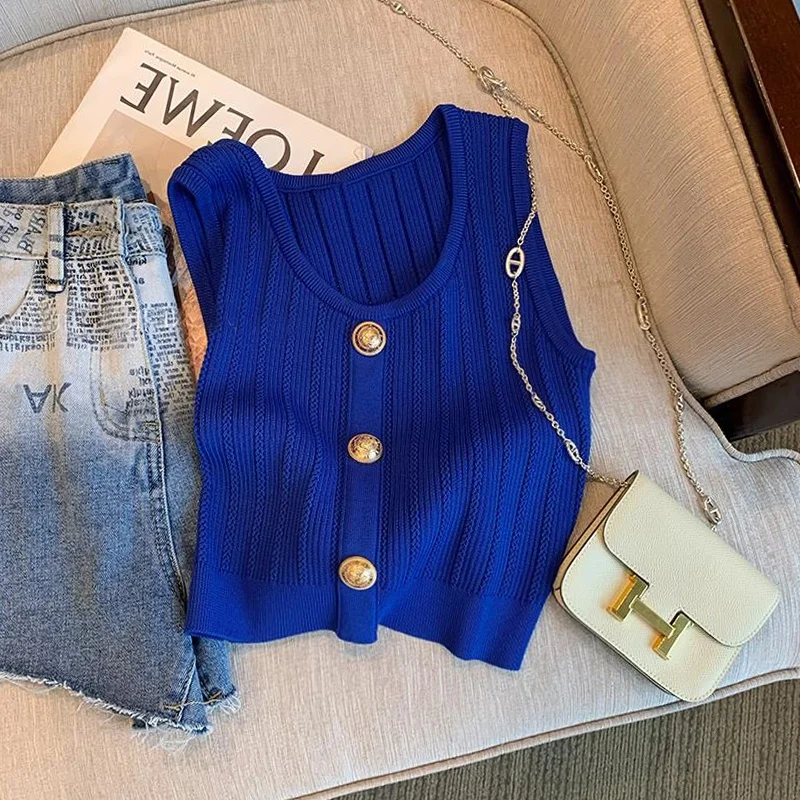 

Klein Blue Knitted Vest Top Women's Summer Small Fraance Sle 2025 New High-End Feel Commute Korean Sle Straight Cut