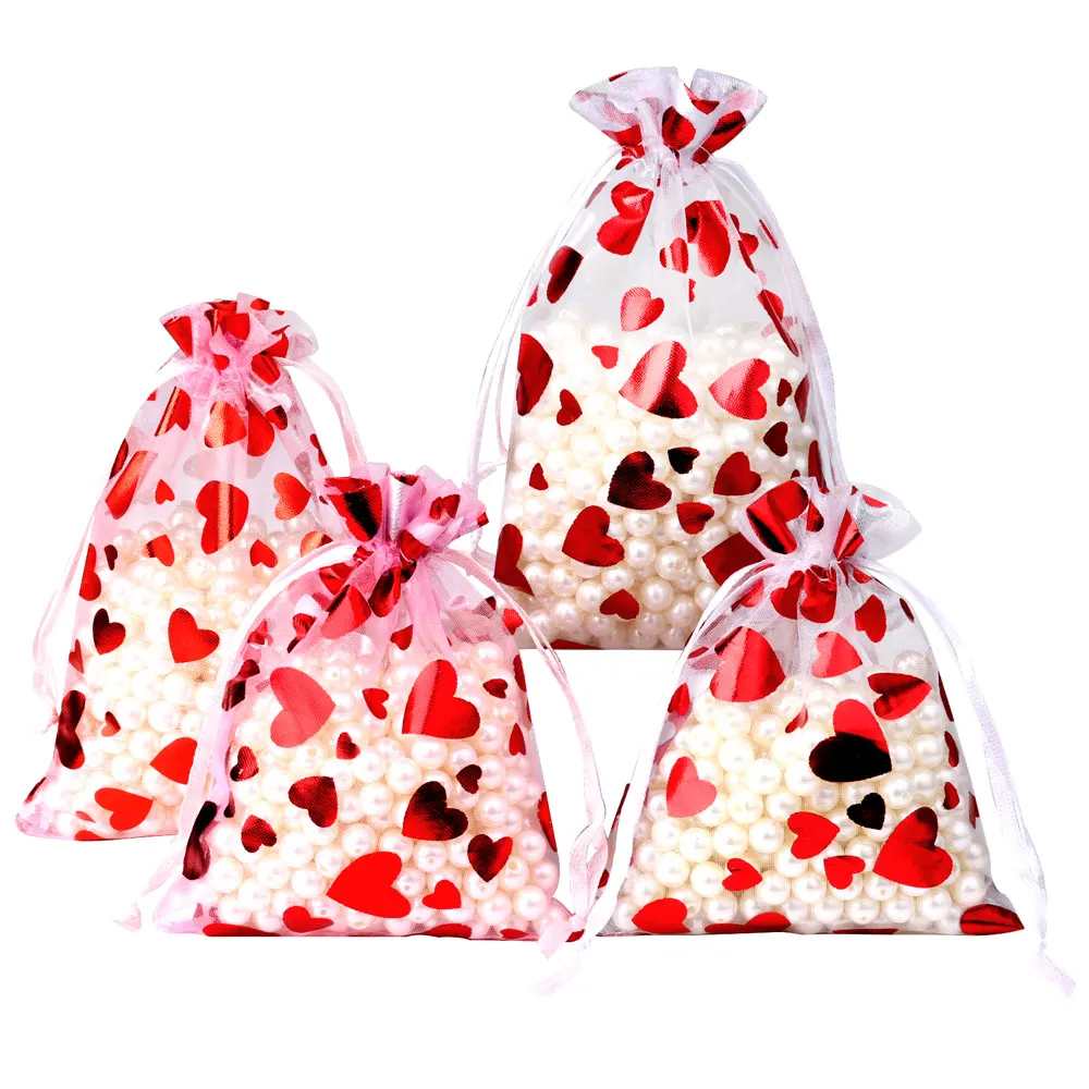 Bolsa de regalo de Organza con estampado de corazón de amor, bolsas con cordón para boda, Día de San Valentín, bolsa de regalo, embalaje de dulces de fiesta, rojo caliente, 25 unidades por lote