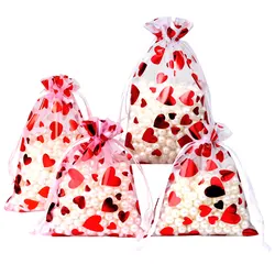 25 pz/lotto sacchetto regalo in Organza stampa rossa calda sacchetti con coulisse a cuore d'amore per matrimonio sacchetto regalo di san valentino imballaggio di caramelle per feste
