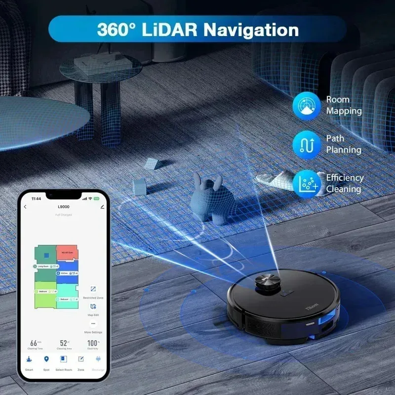 مجموعة مكنسة وممسحة روبوت PMD4-Tikom L9000، LiDAR Navigation، مكنسة كهربائية روبوتية 4000Pa، حتى 150 دقيقة، رسم خرائط ذكي، 14 ممنوع الذهاب