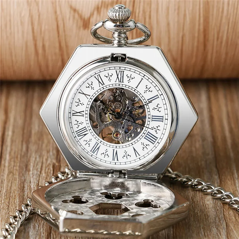 Vintage Hollow Hexagon Shape Unisex Handwinding Mechanical Pocket Watch with Pendant Chain Skeleton Clock Roman Number Dial Gfit