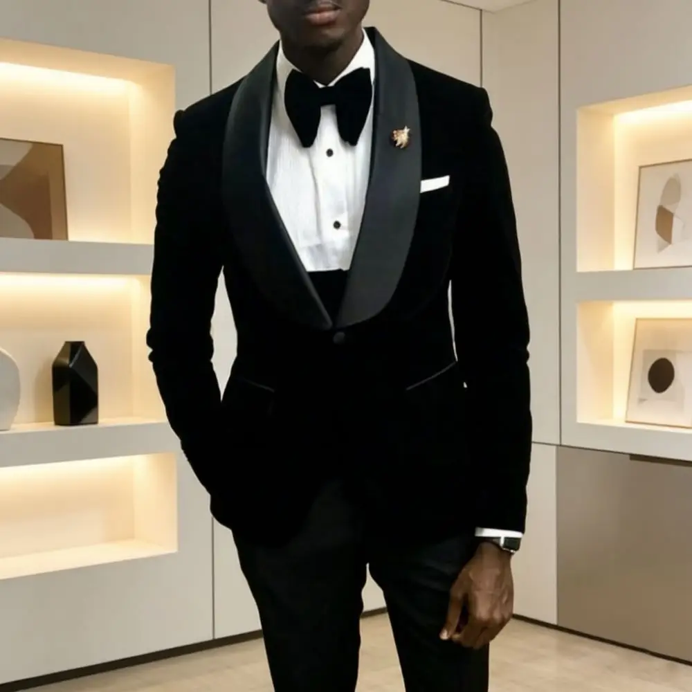 Velvet Slim Fit Suits for Men 3 Pieces Custom Made Wedding Groom Tuxedo Mix Match Black Shawl Lapel Separates Runway Studio Wear
