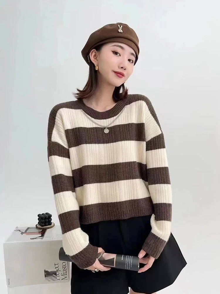 Korean Loose Striped Knitted Sweaters Women Casual Fall Long Sleeve Vintage Pullovers O Neck Simple All Match Lady Retro Jumpers