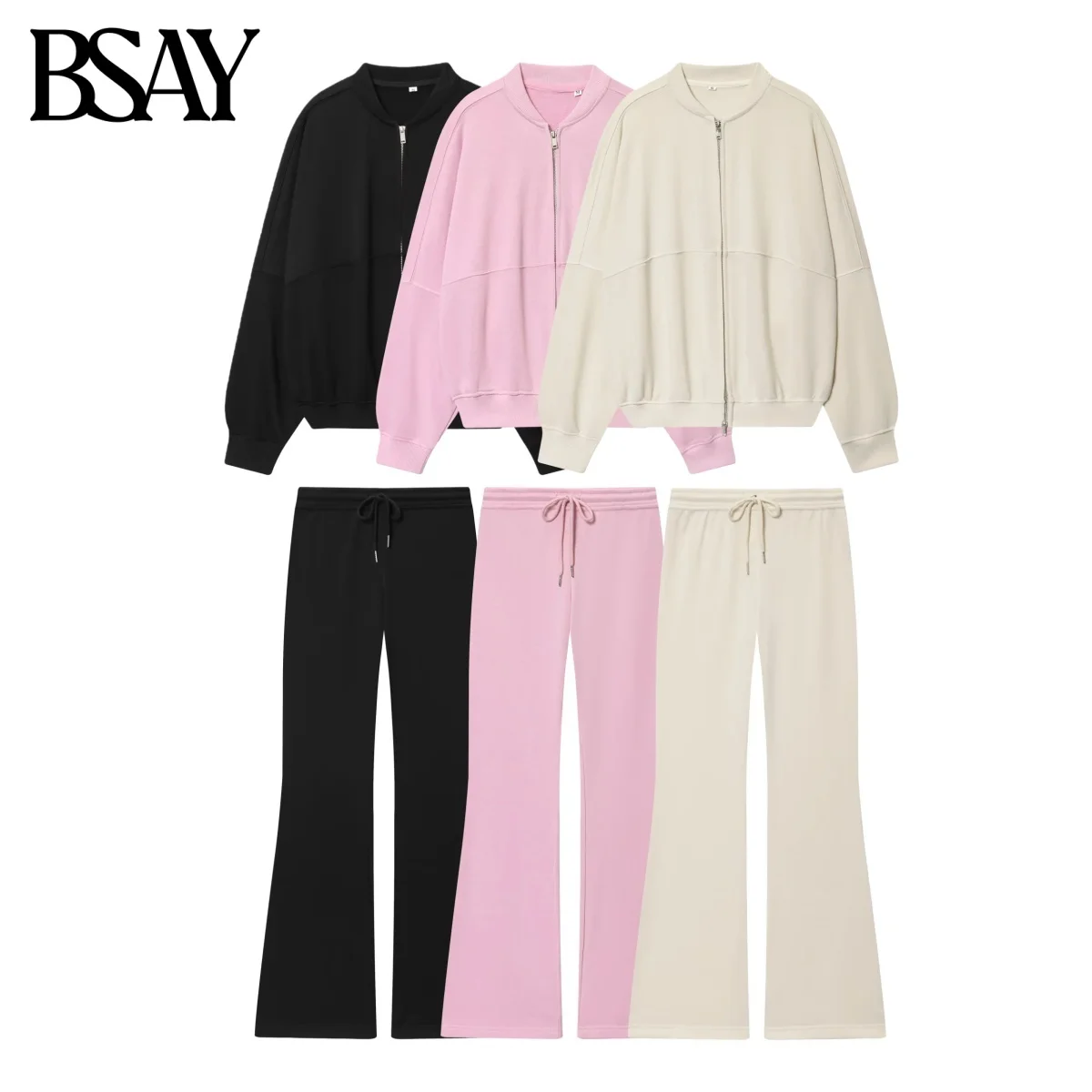 

BSAY Loose Two Pieces Set for Women Fashion Autumn Winter Long Sleeved Stand Collar Zip Pilot Jacket High Waisted Flared Pants