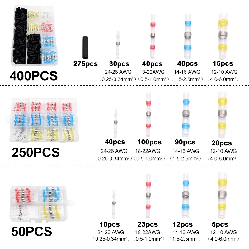 50/250/400pcs Waterproof Heat Shrink Solder Ring Cable Wire Terminal Connector Electrical Insulated Splice Seal Tube Sleeve Kit