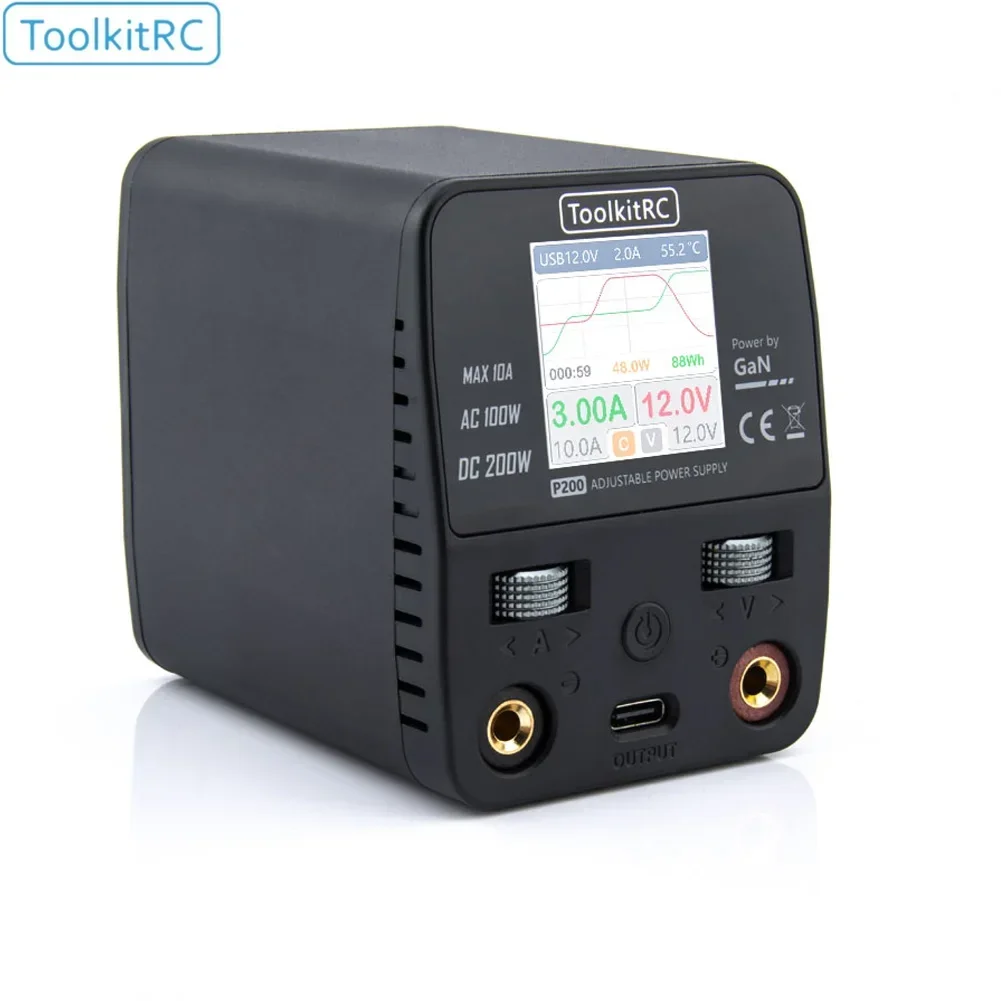 ToolkitRC P200 Mini 30V AC100W DC200W 10A GaN Fonte de alimentação de mesa ajustável Saída USB