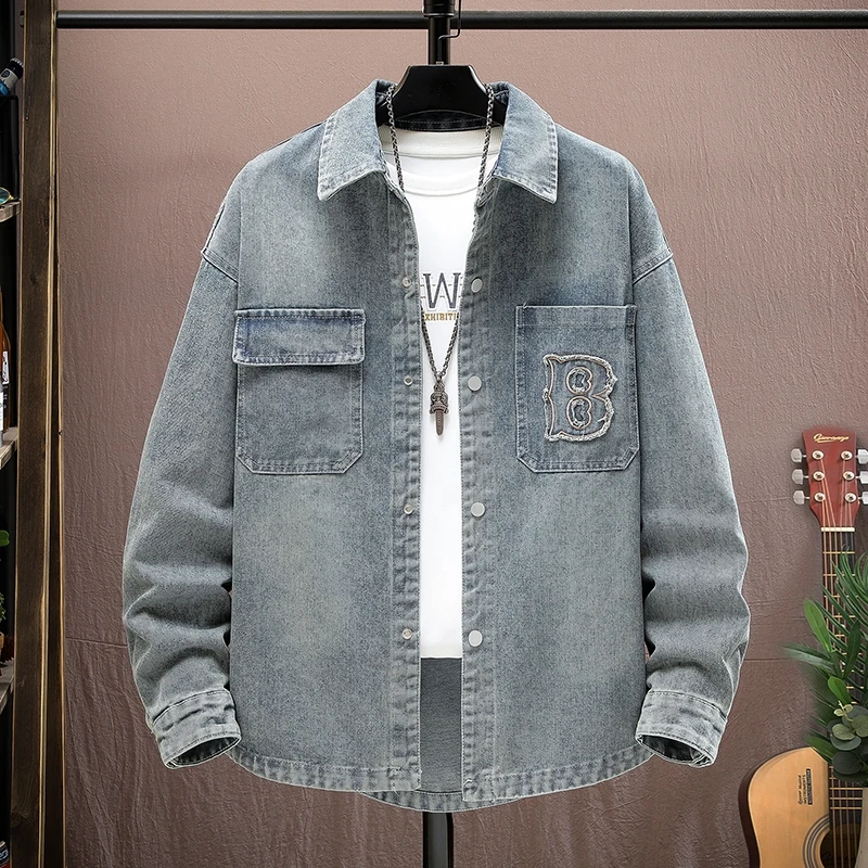 

Ретро-американская джинсовая рубашка свободного кроя для мужчин, повседневная модная рубашка для подростков, дышащая верхняя одежда из хлопка для весны...