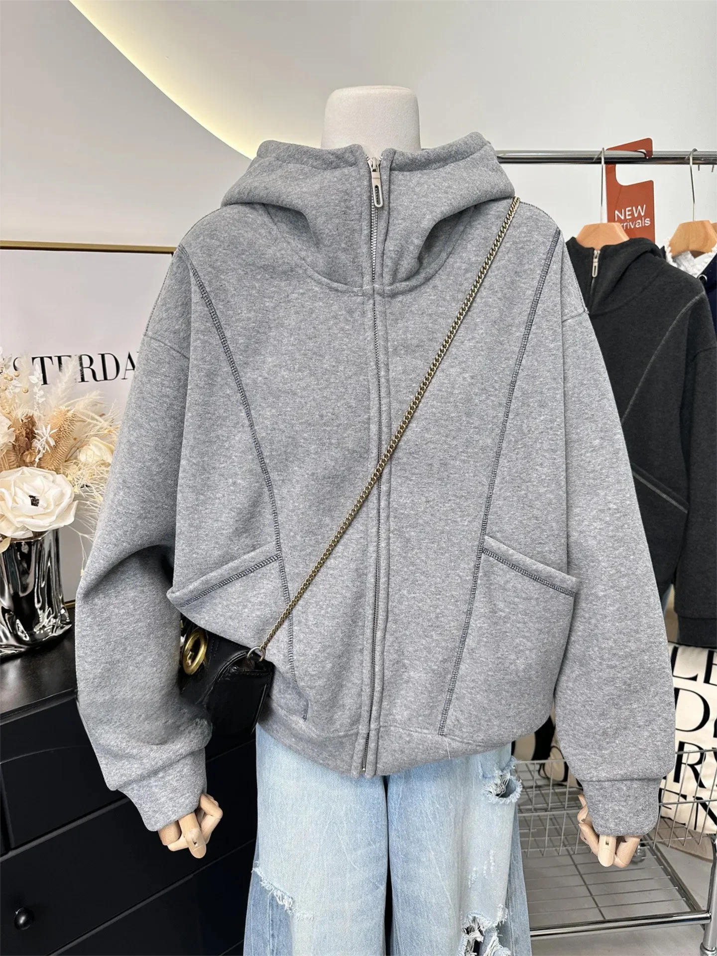 big zipper hoodie Fleece Lined Hooded Zip-Up Jacket for Women Fall Winter Oversized Korean Style Loose Fit Sweatshirt