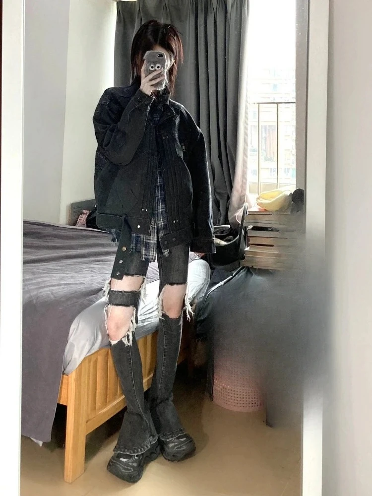 Vintage Black Denim Zipper Jackets Women Harajuku Stand Neck Casual Loose Coat Streetwear Pocket Y2k Aesthetic Grunge Outwear