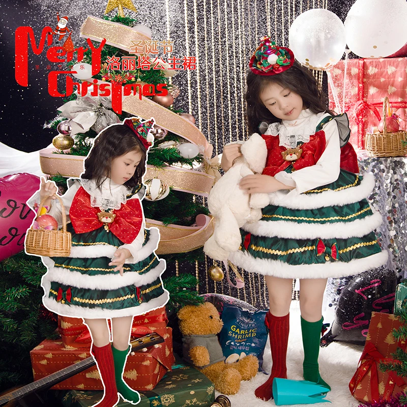 

2025Girls' Autumn and Winter New Fashionable Christmas Outfits Lolita Puffy Performance Princess Dress+Sweater+Hat 3-Pieces Suit