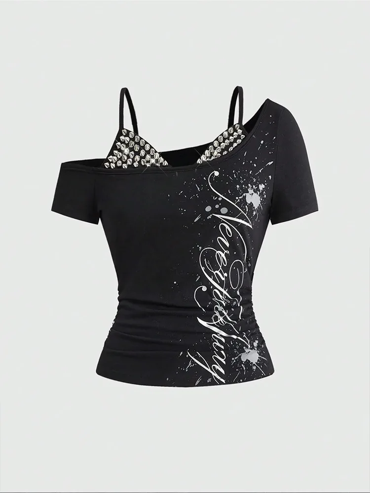 Y2K Letter Splash Print Cold Shoulder T Shirt Faux Two Piece Studded Cami Slim Street Top