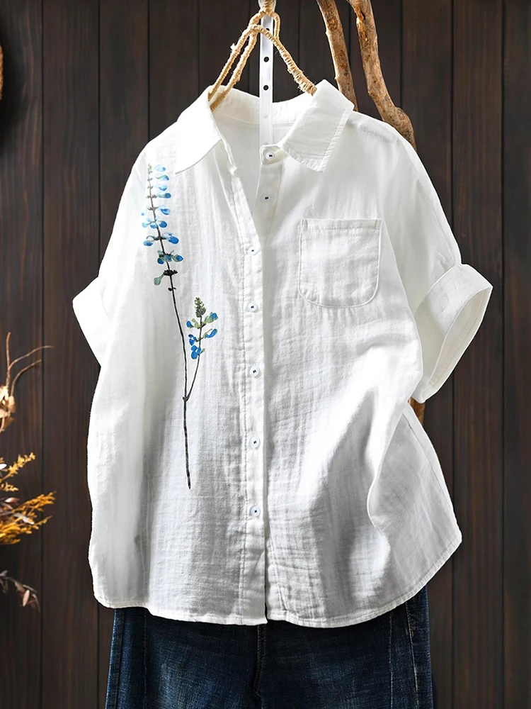 

Женская повседневная хлопковая рубашка, Новое поступление, лето 2025 года, винтажный стиль, свободные женские белые топы с короткими рукавами и цветочным принтом M1332