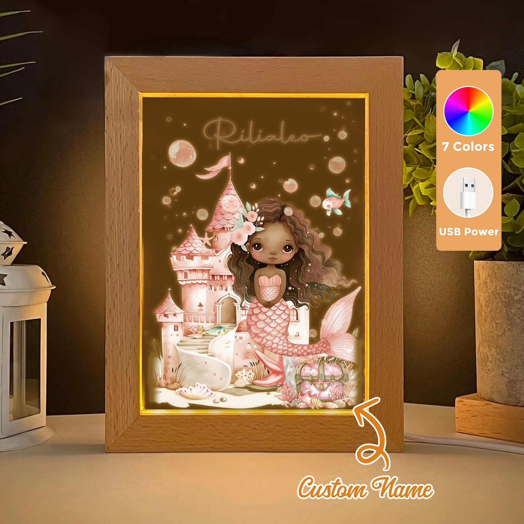 

2D Flat Custom Name Cartoon Mermaids And Castles LED Acrylic Night Light Wood Photo Frame 21x17cm Child Bedroom Gifts Home Decor