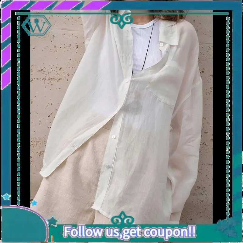 A09P Womens Button Down Shirts Long Sleeve Ramie Gauze Tops Casual Collared Blouses Loose Fit