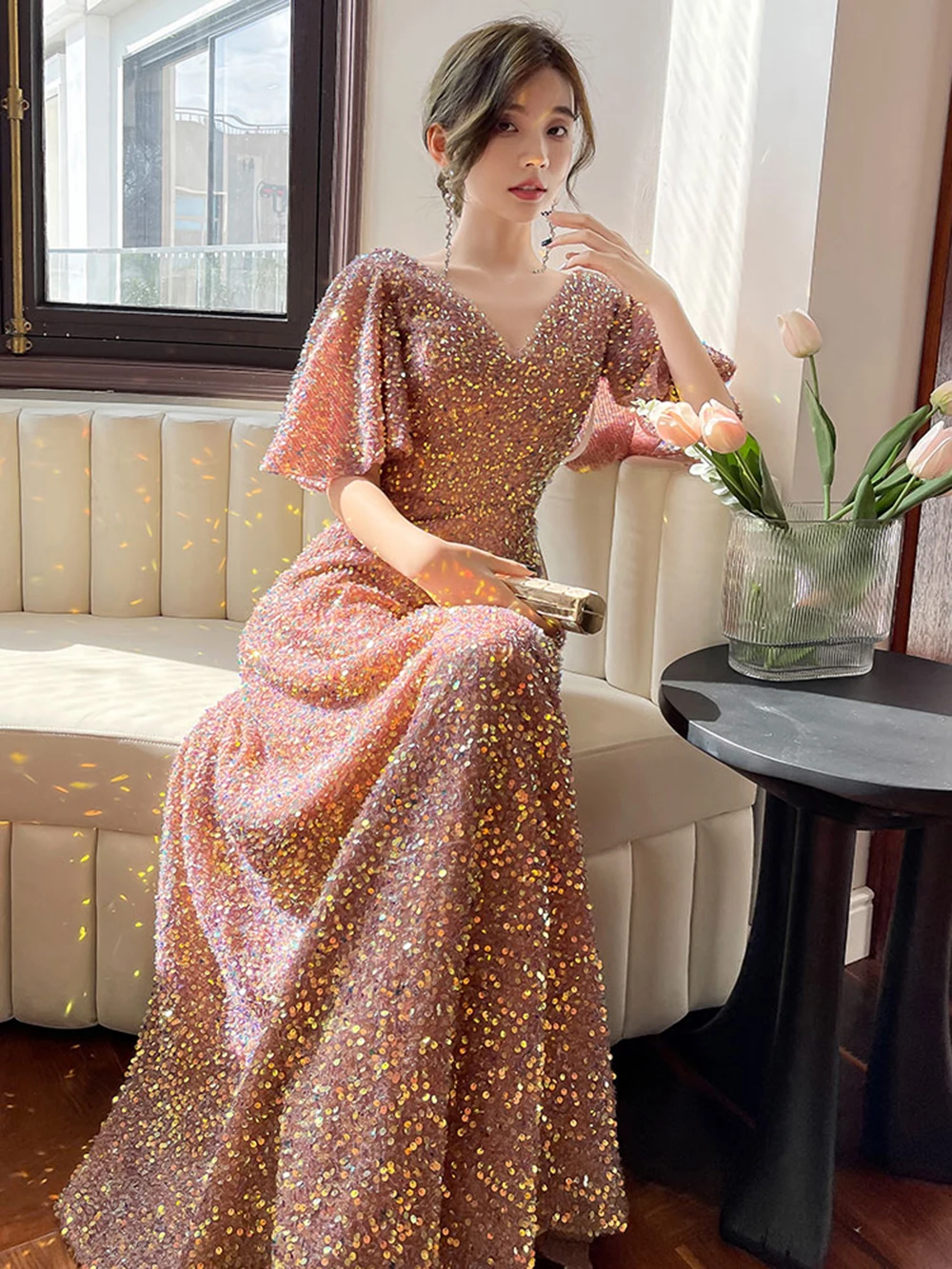 Light Luxury Women Champagne Pink Bridesmaid Dress Elegant Sequins Slim Fit Floor-Length A-Line Prom Gown Sisters Party Vestido