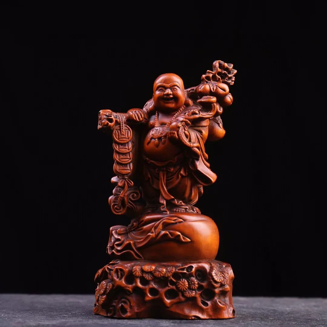 

Chinese Nice Art Work Boxwood Wood Hand Carved Maitreya Buddha Statue Home Desktop Decor