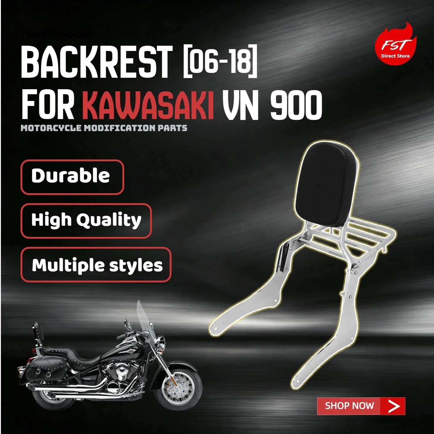 For Kawasaki VN900 2006‑2018 Chrome Sissy Bar Backrest Rear Luggage Rack Modification Parts