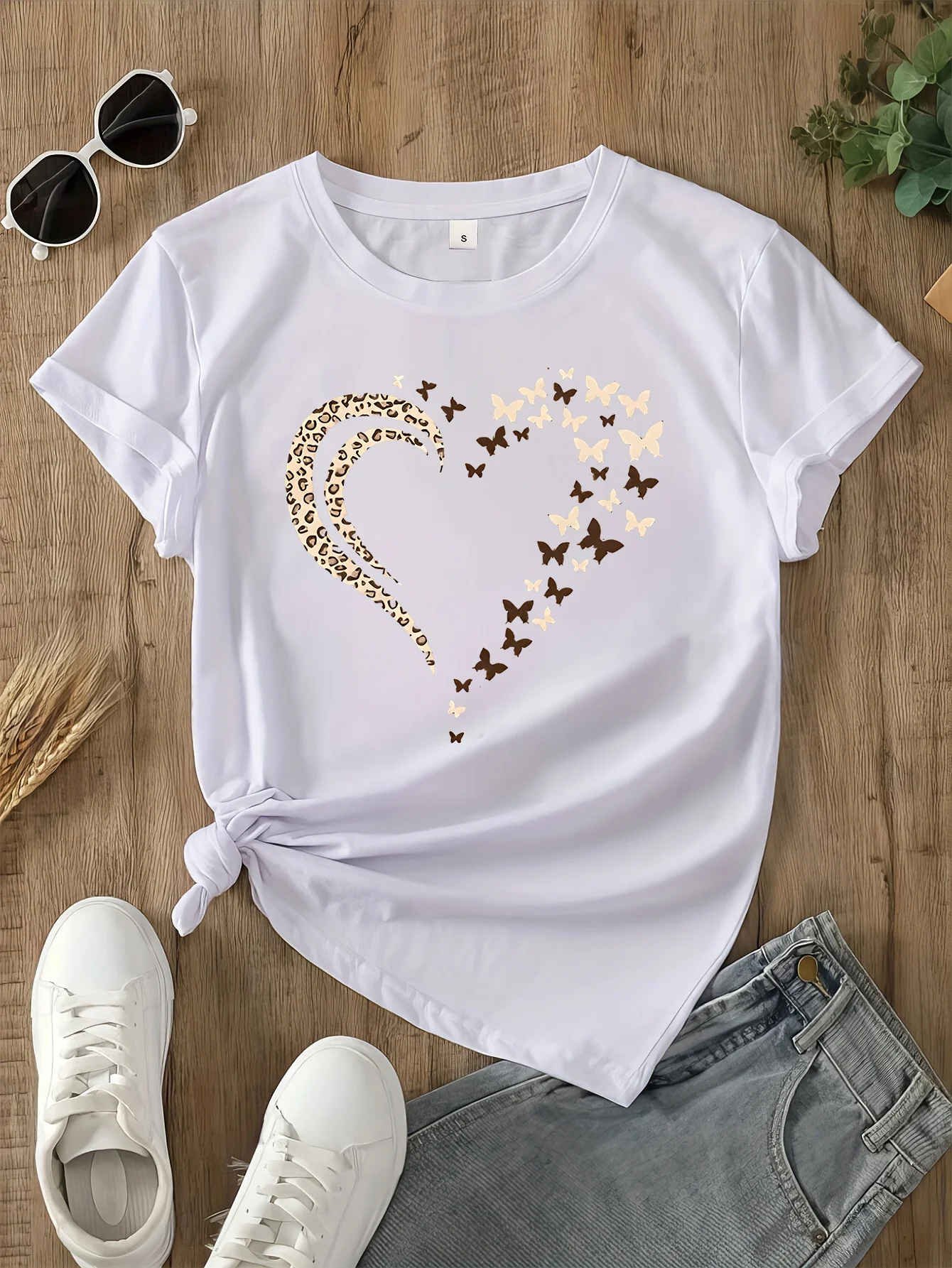 Sleeve Regular Knit Fabric - Spring Summer Fall Collection Women'S Casual Polyester T-Shirt with Heart Pattern Crew Neck
