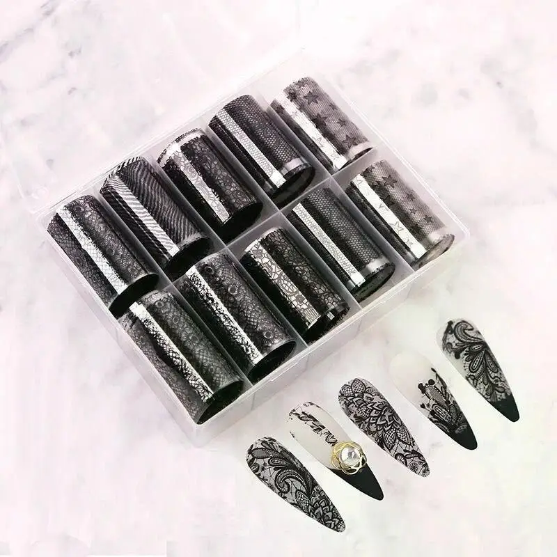 10 Rollen/Box weiß schwarz Nagel Transfer Aufkleber Spitze Nail Art Folien Set Papier DIY Maniküre Nagel Dekoration Zubehör