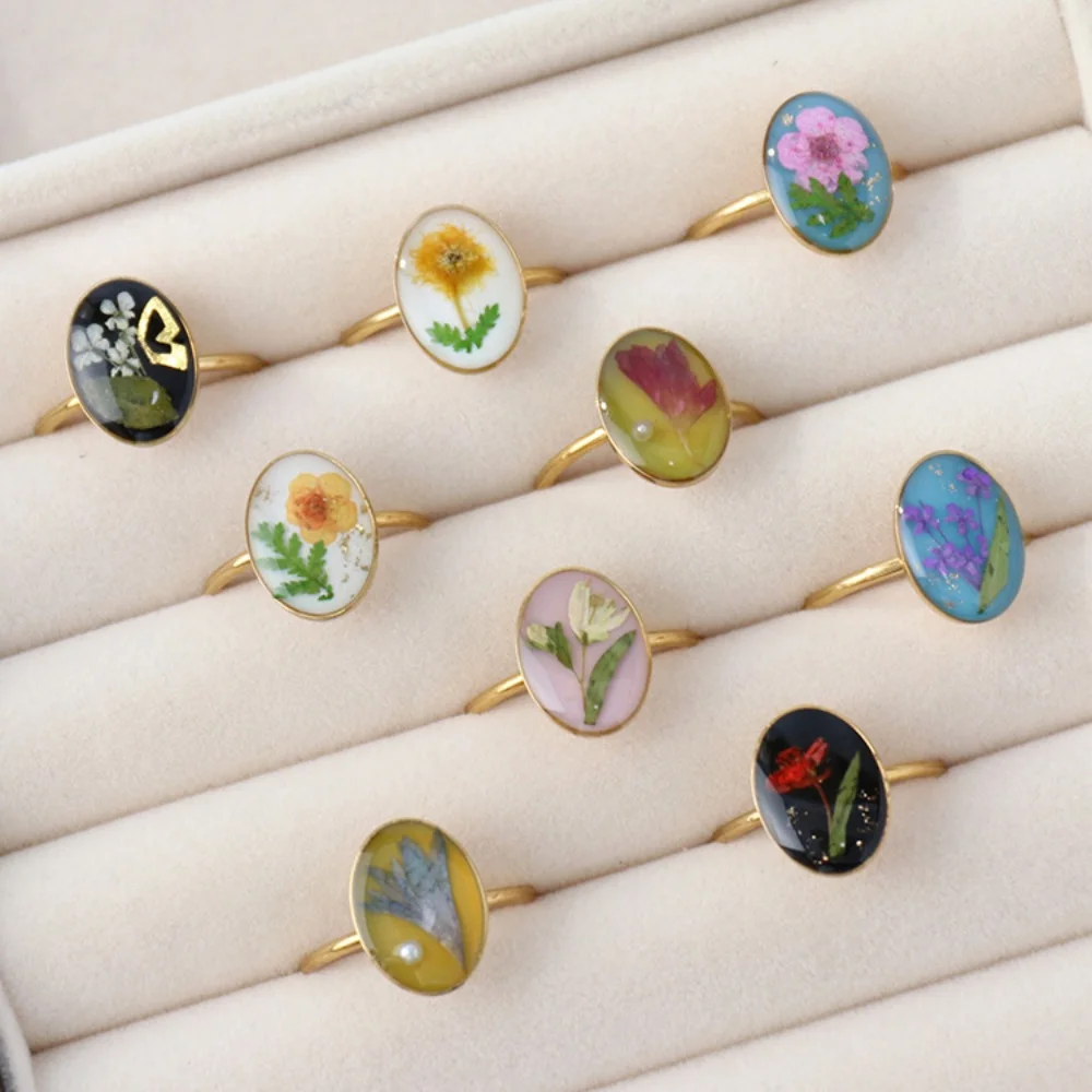 Wency Stainless Steel Dried Flower Oval Rings For Women Eternal Flower Open Finger Ring Jewelry Wedding Band Gift Wholesale New