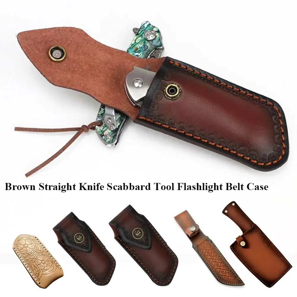 Brown Straight Knife Scabbard Tool Flashlight Belt Loop Case Holder Leather Sheath Pocket Hunt Camp Outdoor Carry Equipment