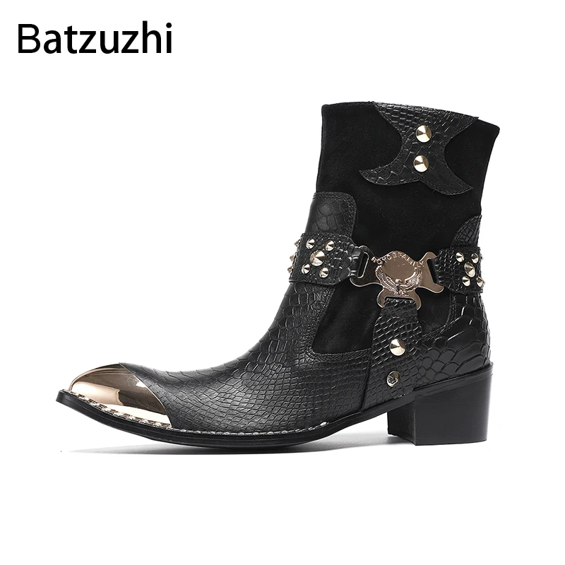

Batzuzhi Cowboy 6.5cm Heels Rock Black Gneuine Leather Ankle Boots Man Pointed Iron Toe Men's Boots, Big Sizes 38-46