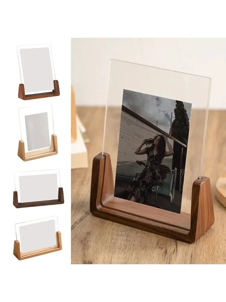 Walnoot/Beuken Creatieve Fotolijst Acryl U-vorm Transparant Frame Desktop Houten Bruiloft Fotolijst Kantoor Decor - afbeelding 2