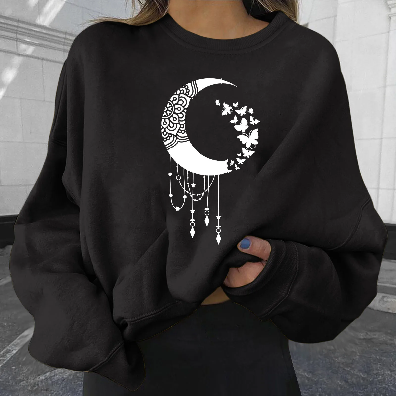 

New Women Sweatshirt Moon Star Print Female's Tops Harajuku 90s Aesthetic Tops Pullover for Women Crewneck Sweatshirt