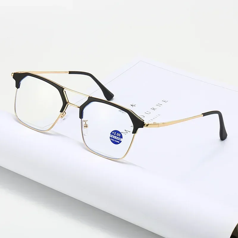 Large Frame Double Beam Reading Glasses Ultra Light Square Men's Glasses High Definition Anti Blue Light Presbyopia Glasses