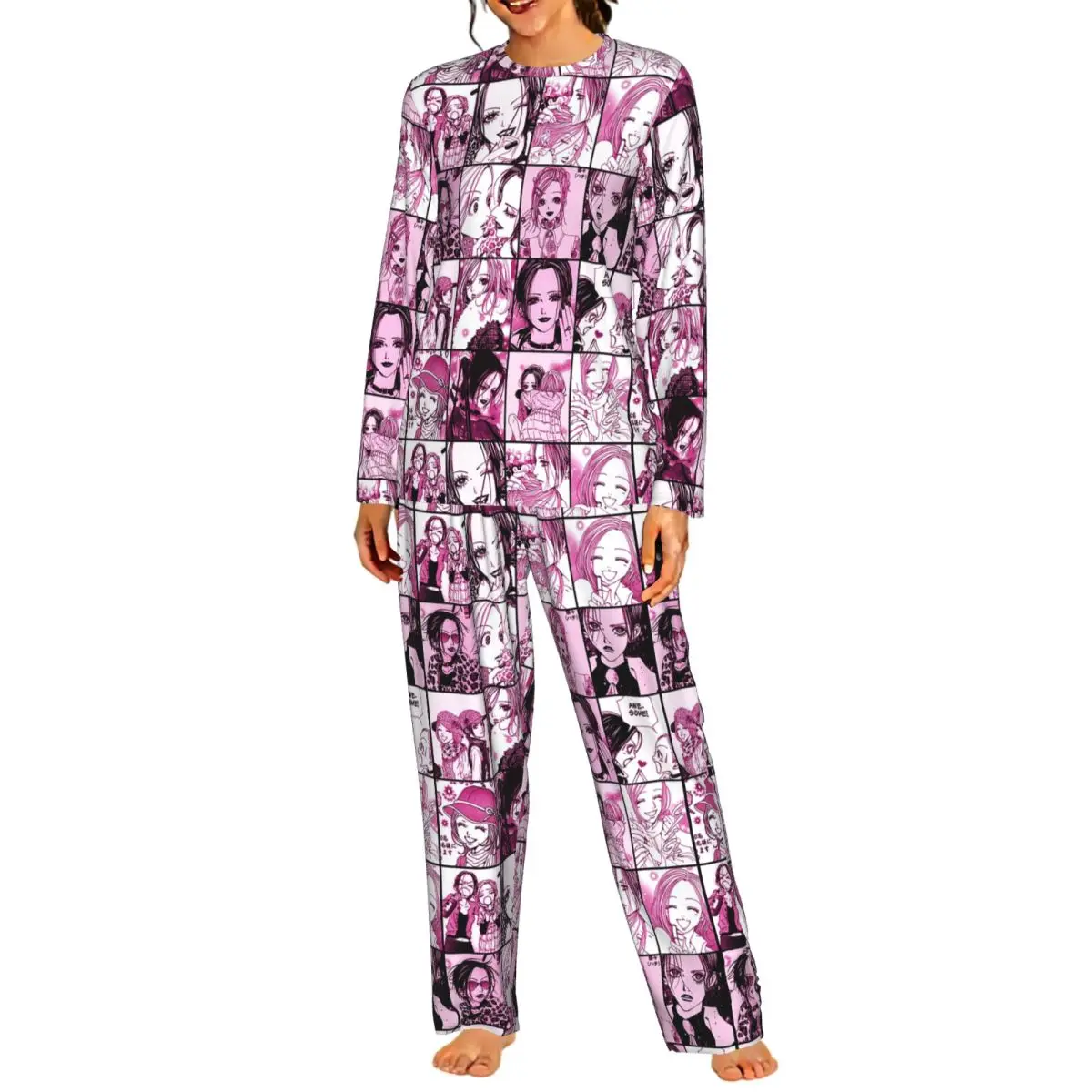 Nana Anime Round Neck Long Sleeve Nightgowns for Sleeping Sleepshirts Women Loose Pajama Set Long Pants